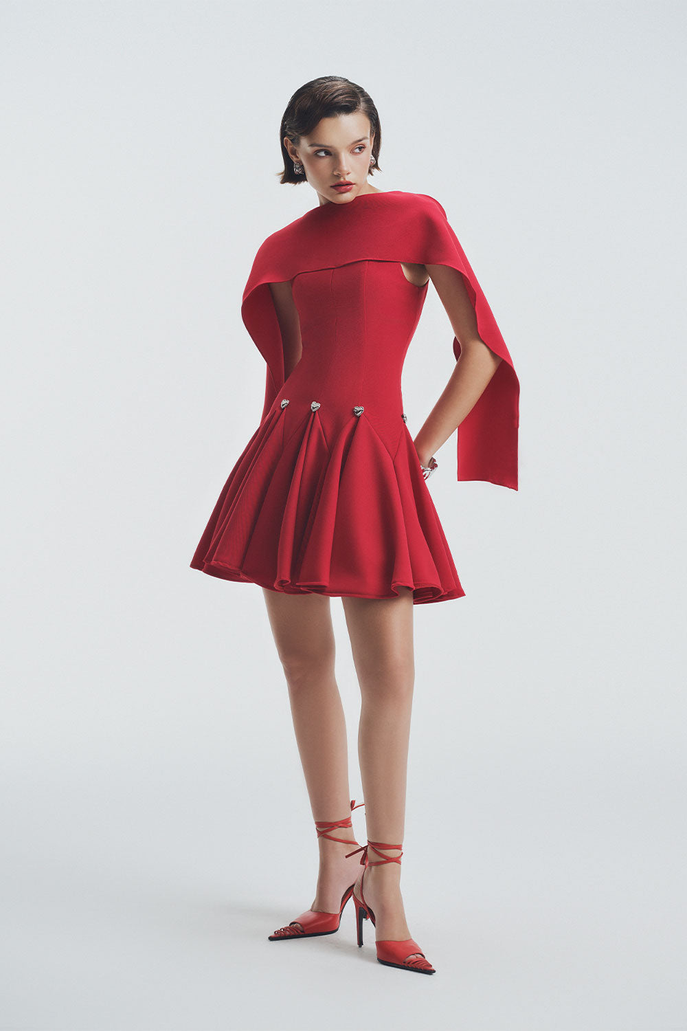 Scarlet Fit and Flare Cape Shoulder Foam Spandex Mini Dress