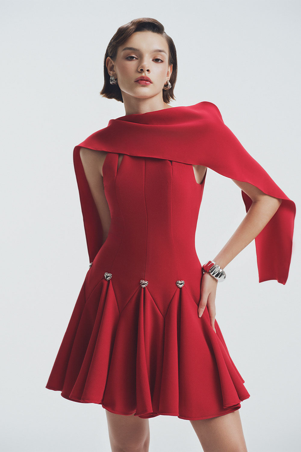 Scarlet Fit and Flare Cape Shoulder Foam Spandex Mini Dress