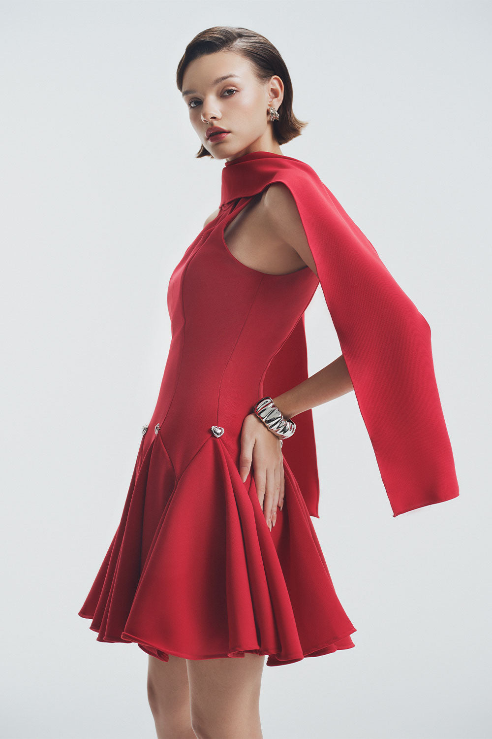 Scarlet Fit and Flare Cape Shoulder Foam Spandex Mini Dress