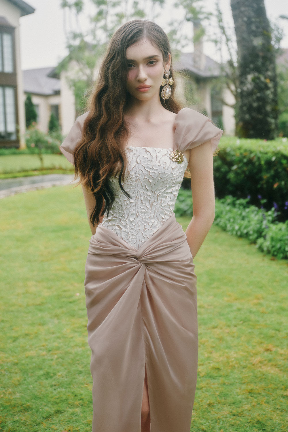 Gladys Sarong Straight Across Neck Chiffon Ankle Length Dress