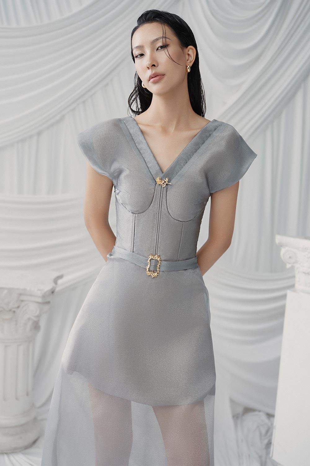 Delight A-line V-Neck Poly Organza Ankle Length Dress