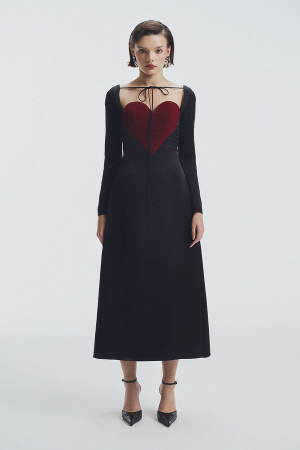 Crimson A-line Heart Neck Velvet Midi Dress