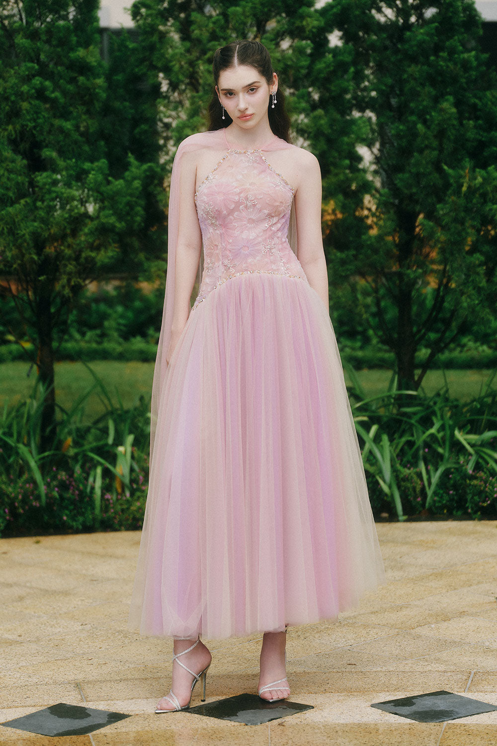 Roxie A-line Halter Neck Tulle Ankle Length Dress