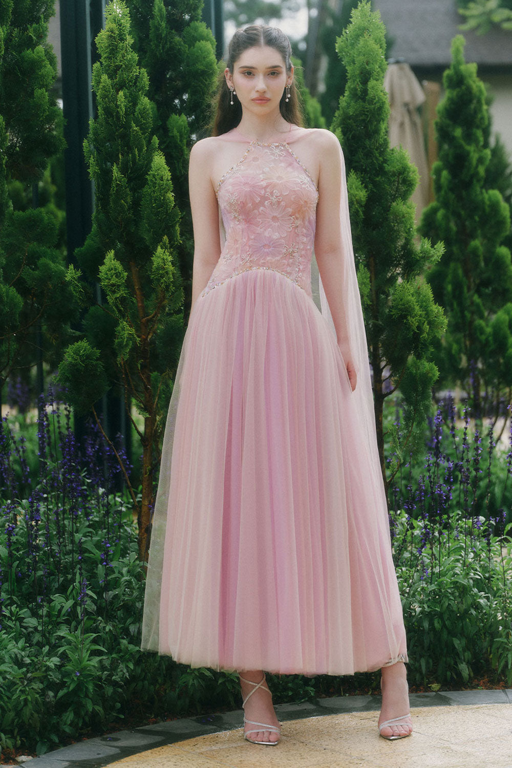 Roxie A-line Halter Neck Tulle Ankle Length Dress