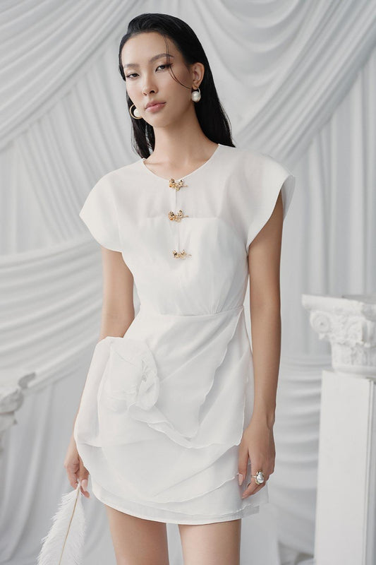 Clover A-line Jewel Neck Organza Mini Dress