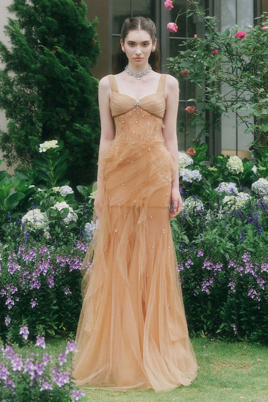 Marigold Gored Ruffle Layer Tulle Floor Length Dress