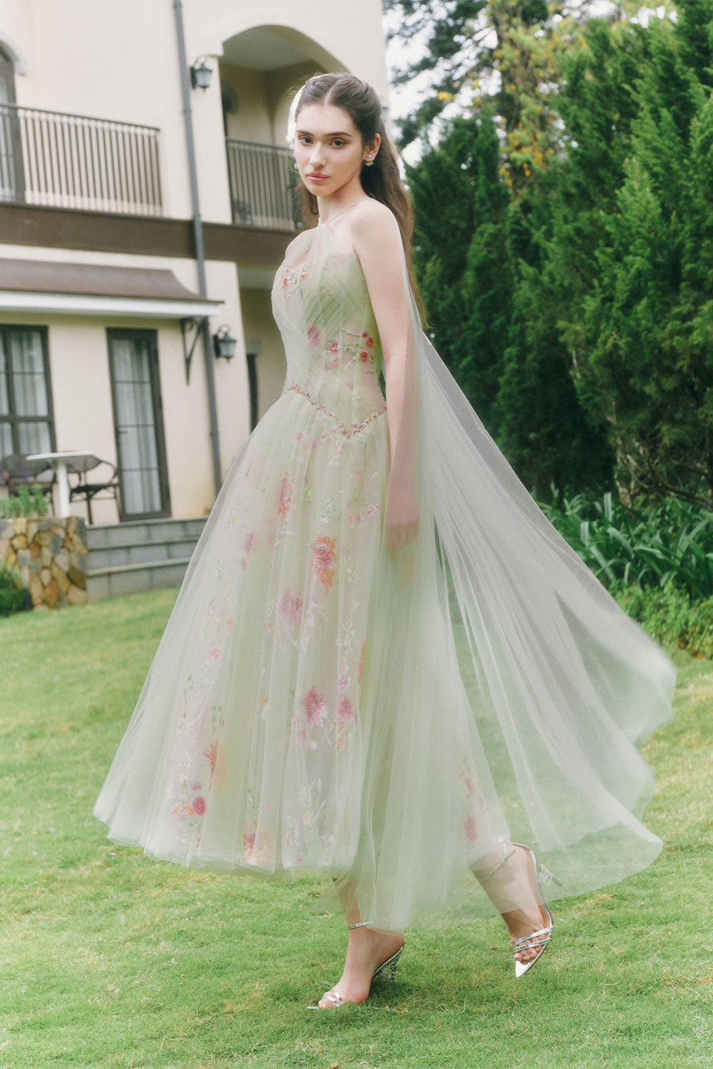 Women's Jarfin A-Line Cape Shoulder Tulle Midi Dress XS/S/M/L/XL/Customize Pastel Green Floral Mean Blvd M / Pastel Green / Floral Women's Jarfin A-Line Cape Shoulder Tulle Midi Dress XS/S/M/L/XL/Customize Pastel Green Floral Mean Blvd M / Pastel Green / Floral