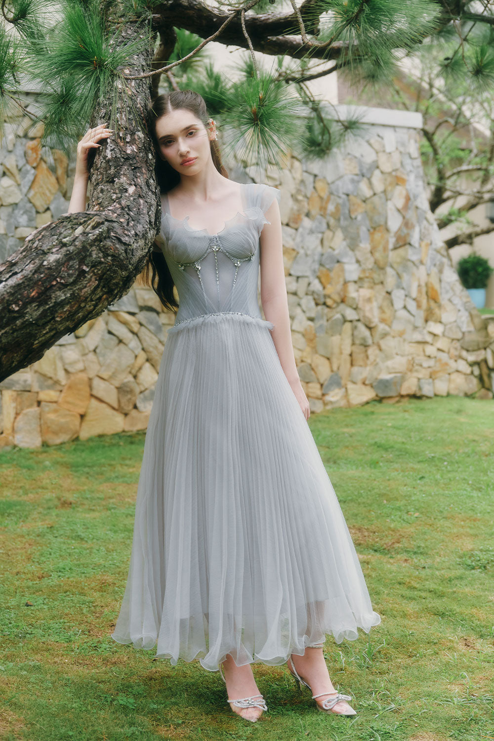 Women's Twighlight A-Line Corset Waist Foam Chiffon Ankle Length Dress XS/S/M/L/XL/Customize Light Grey Mean Blvd Light Grey / L Women's Twighlight A-Line Corset Waist Foam Chiffon Ankle Length Dress XS/S/M/L/XL/Customize Light Grey Mean Blvd Light Grey / L