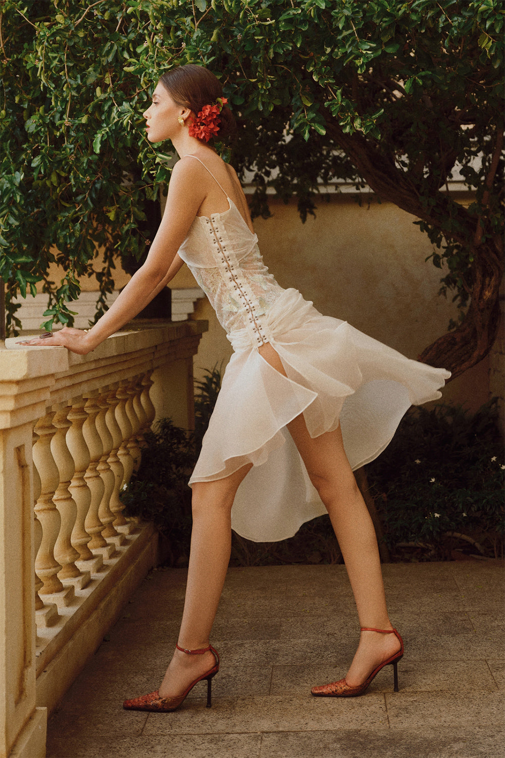 Women's Diana Drop Waist Ruffle Layer Voile Knee-length Dress XS/S/M/L/Customize Cream Pearl MEAN BLVD Women's Diana Drop Waist Ruffle Layer Voile Knee-length Dress XS/S/M/L/Customize Cream Pearl MEAN BLVD