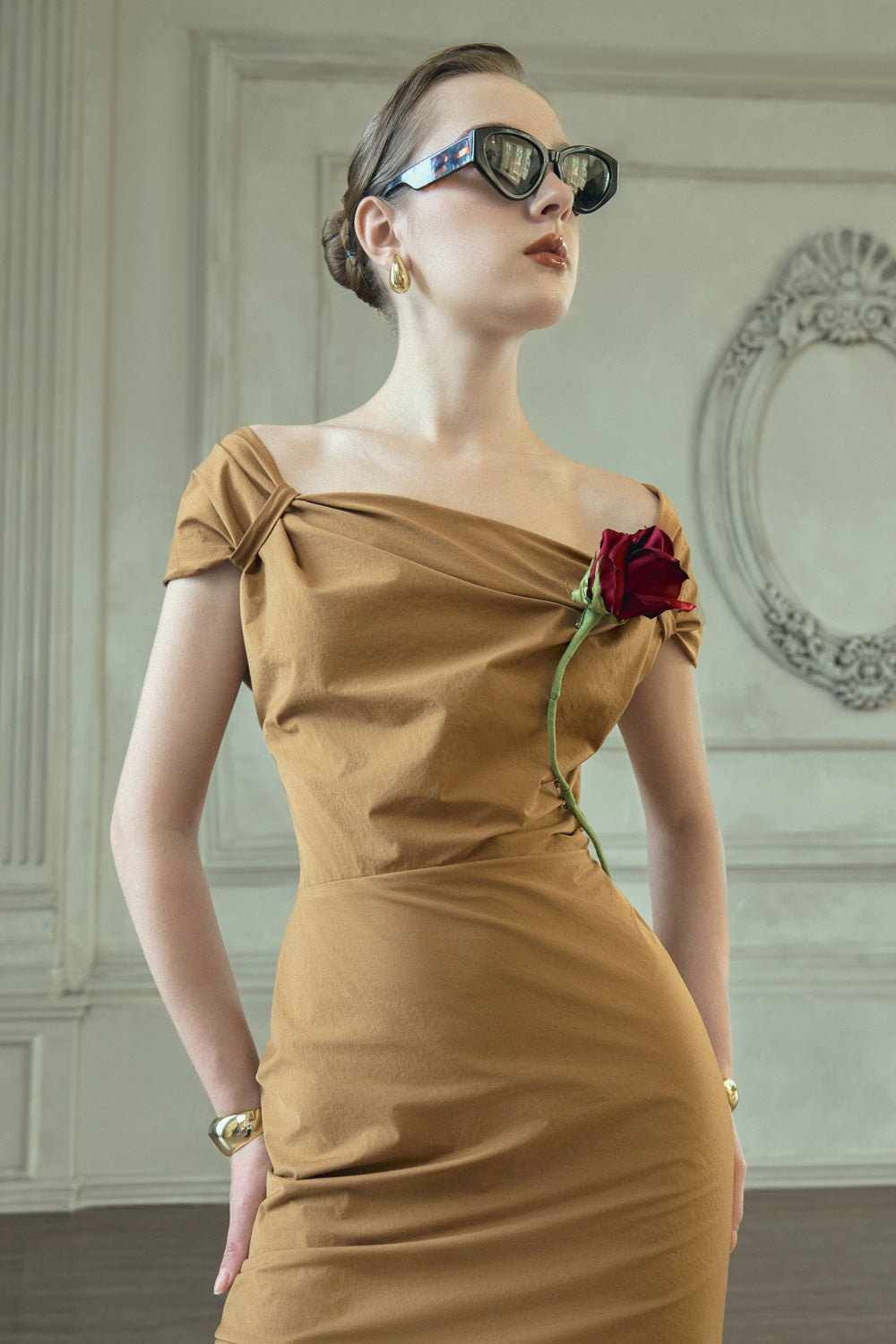 off shoulder khaki dress Shushu/Tong Khaki Bow Off-Shoulder Midi Dress