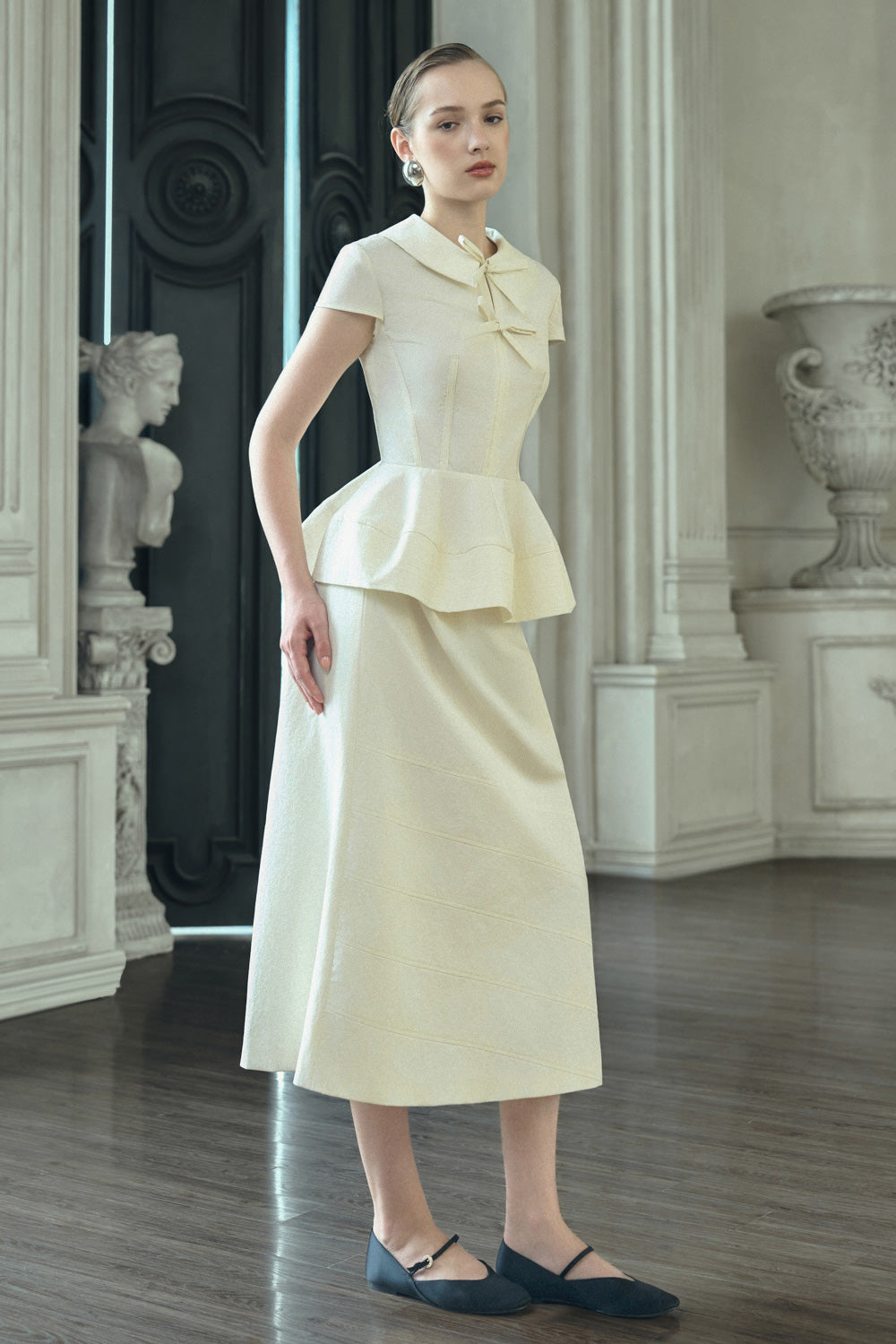 Melody A-line Stich Seam Khaki Silk Midi Skirt