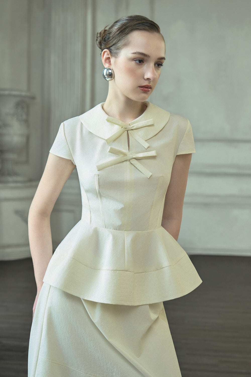 Melody Peplum Bow Khaki Silk Top