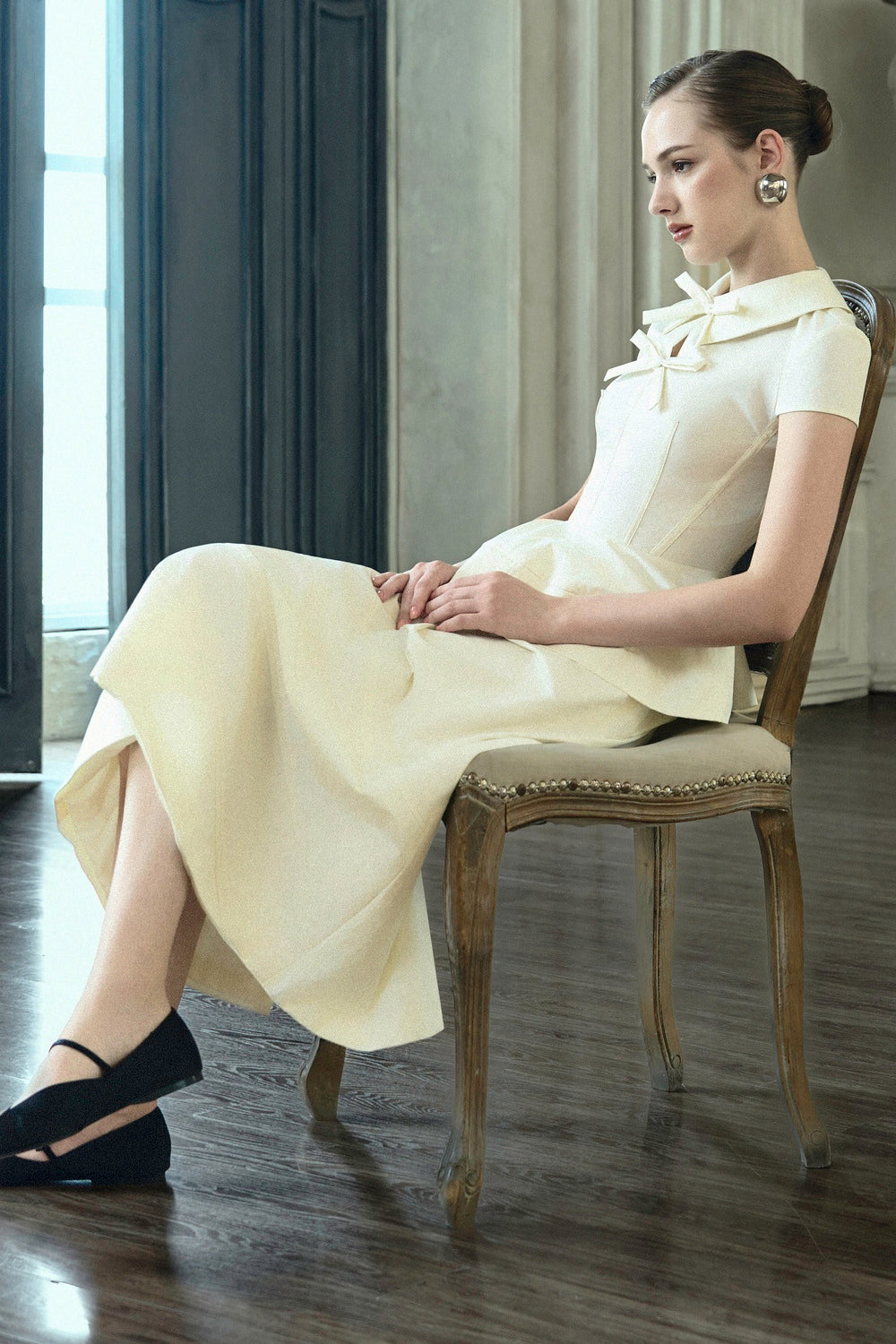 Melody Peplum Bow Khaki Silk Top