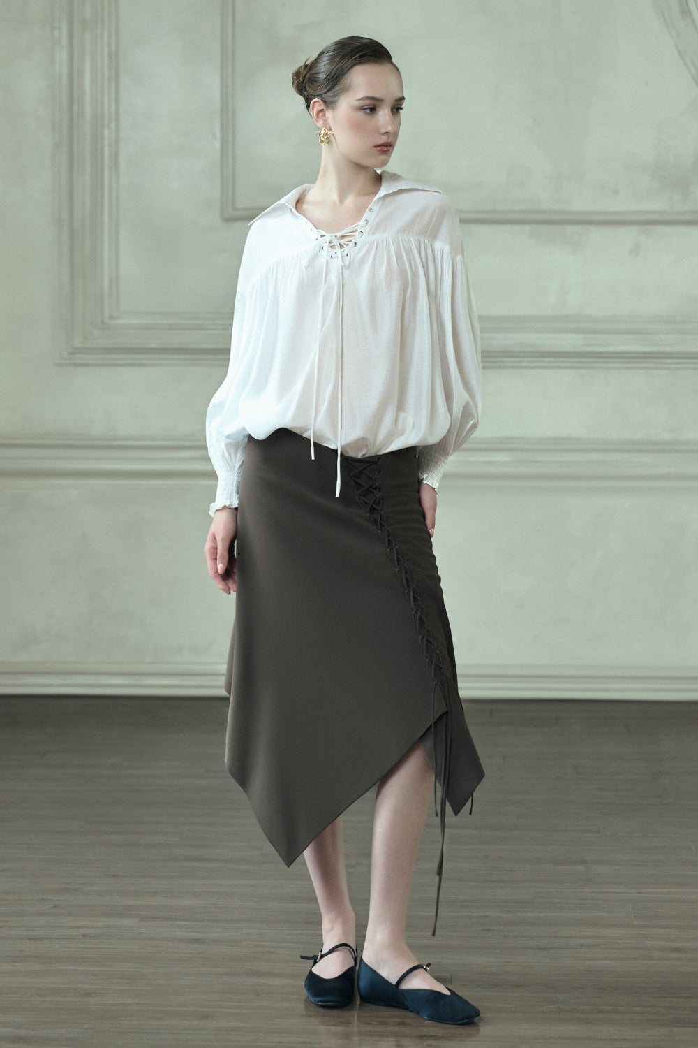 Vanessa Asymmetric High Waist Twill Midi Skirt