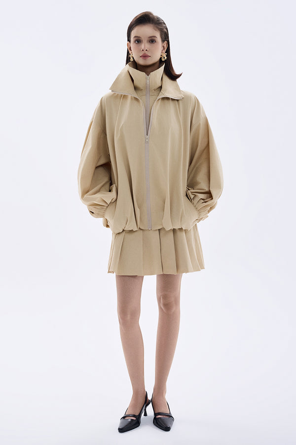 Clara Blouson Cuff Sleeved Khaki Silk Jacket