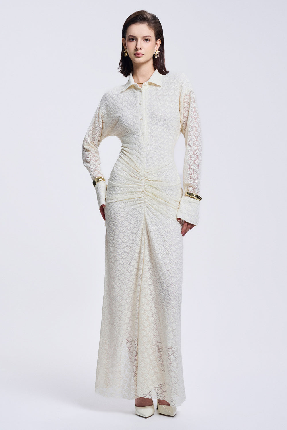 Elise Sheath Gathered Lace Maxi Dress