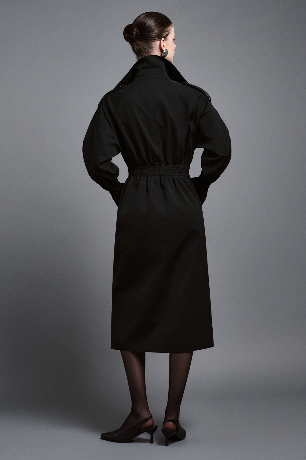 Arden Straight Patch Pocket Khaki Silk Knee-length Trench Coat