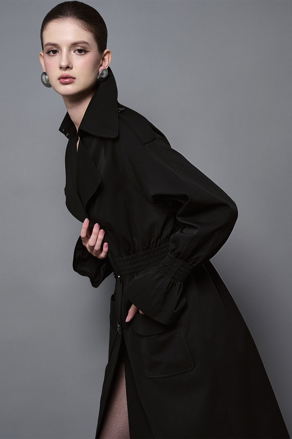 Arden Straight Patch Pocket Khaki Silk Knee-length Trench Coat