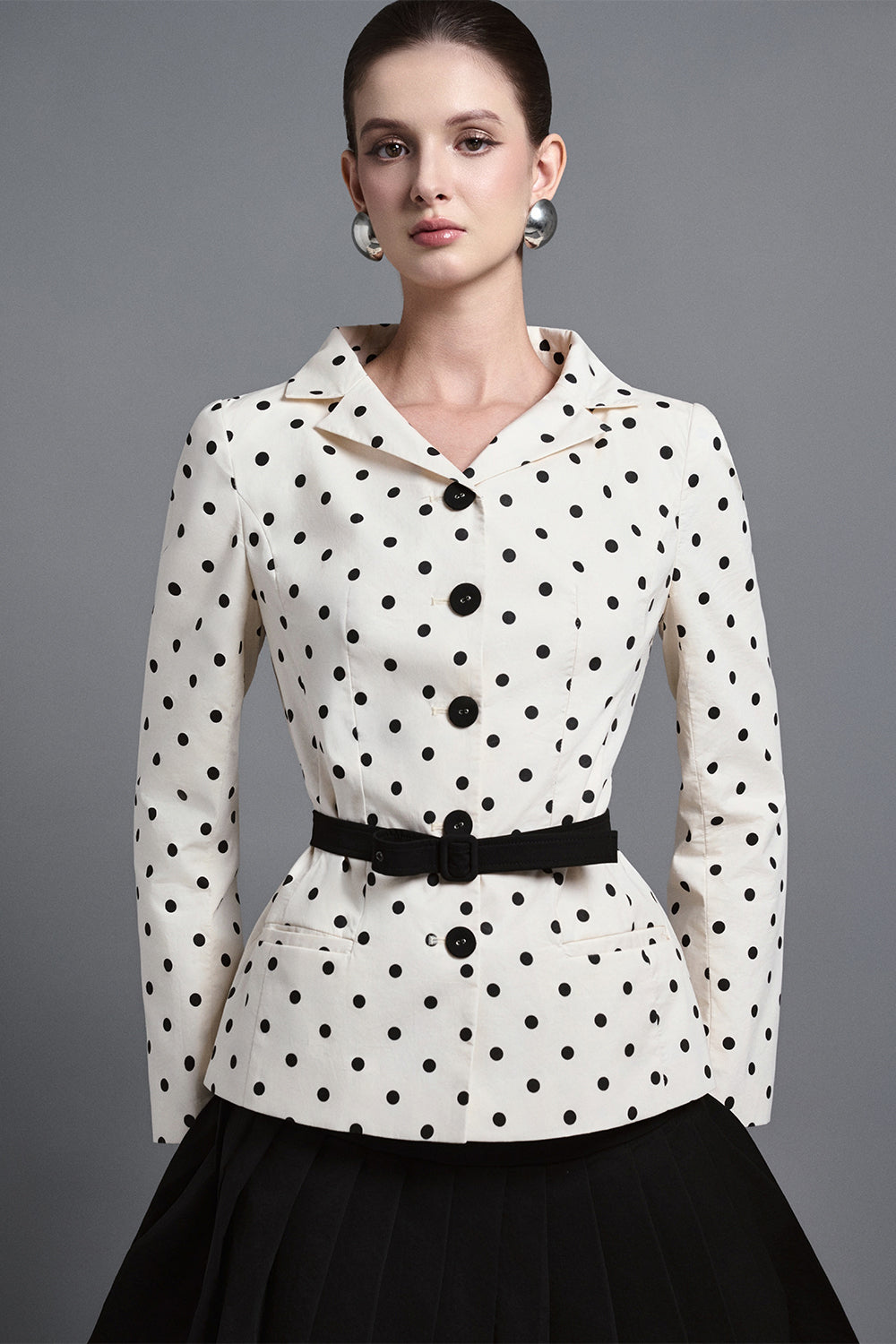 Women's Rhea Peplum V-Neck Silk Cotton Blend Jacket XS/S/M/L/XL/Customize Ivory White Polka Dots Mean Blvd Xs / Ivory White / Polka Dots