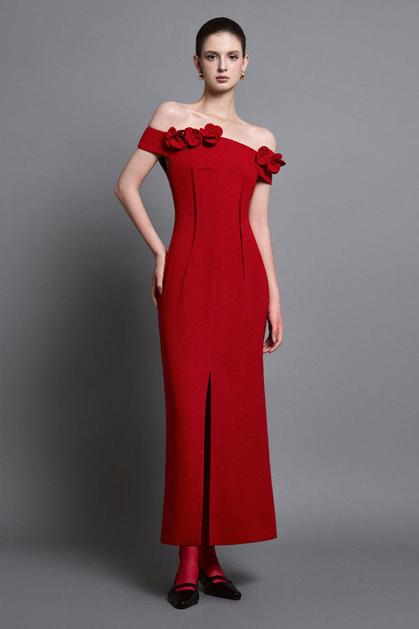 Evel Sheath Off-Shoulder Twill Midi Dress