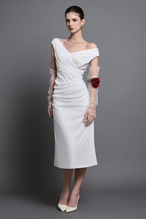 Ames Sheath Draped Cotton Midi Dress