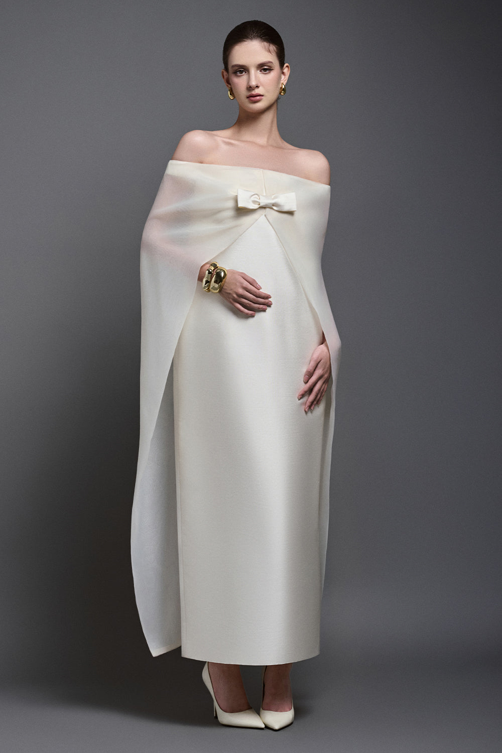 Solenne Straight Cape Sleeved Taffeta Maxi Dress