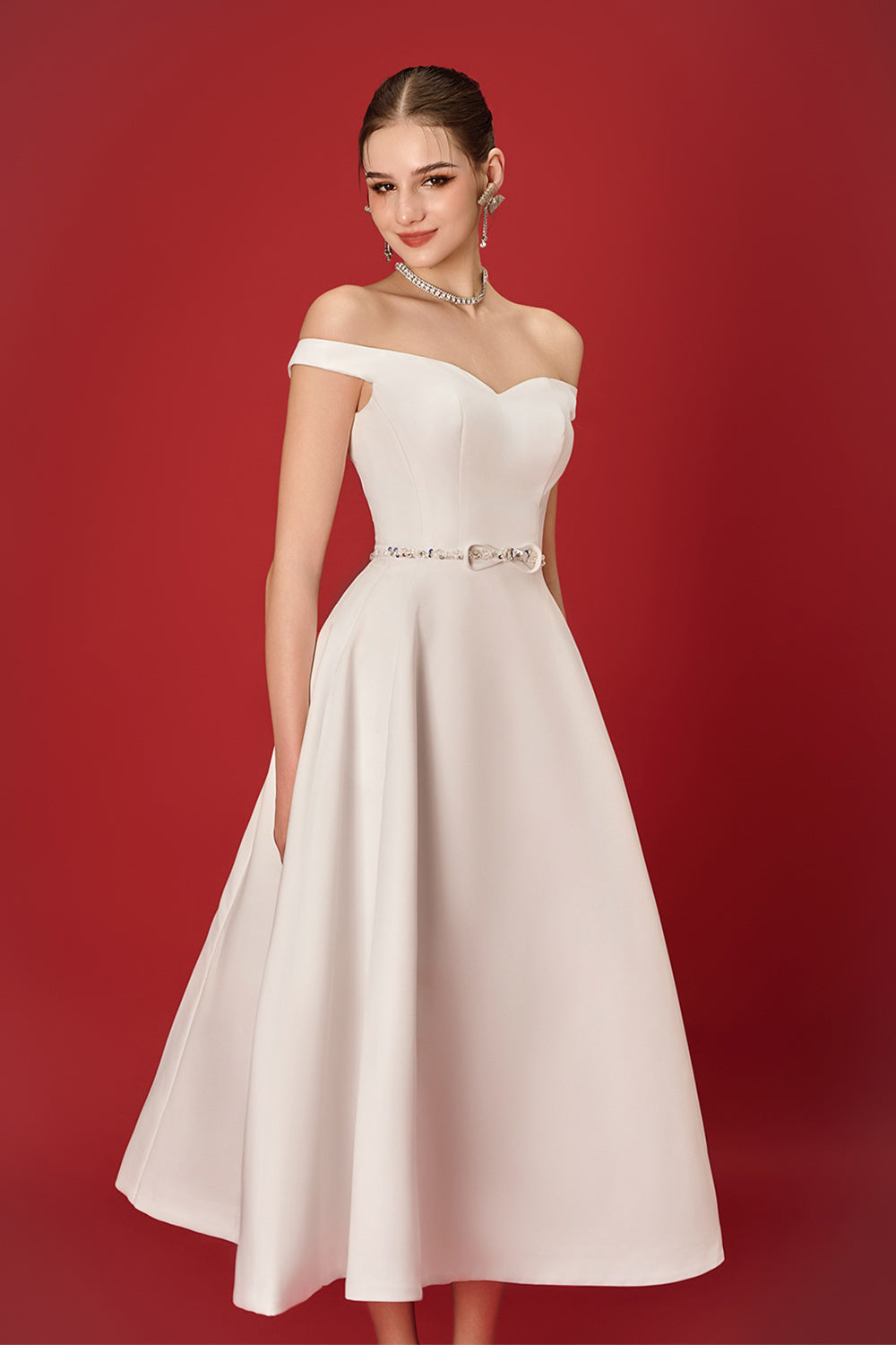 Lavina A-line Off-Shoulder Taffeta Midi Dress