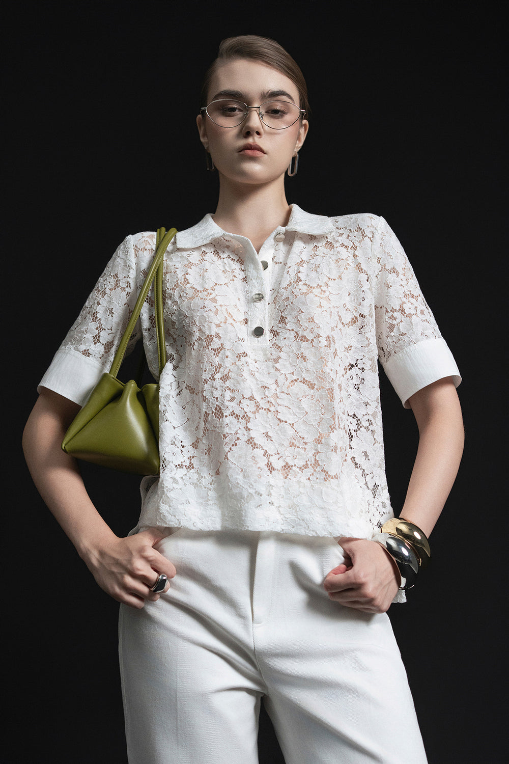 Marie Straight Collared Neck Cotton Lace Shirt