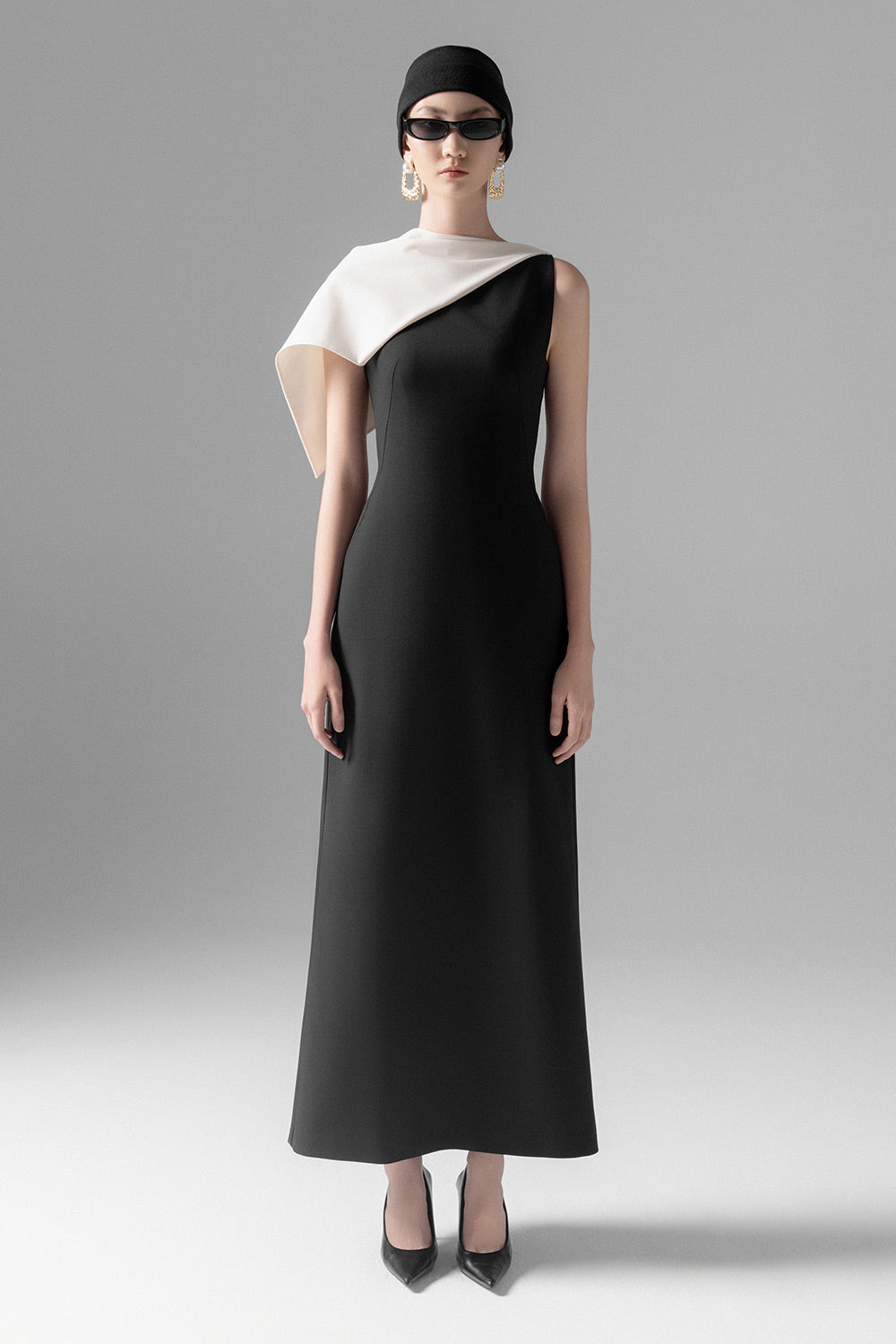 Emma A-line Asymmetric Sleeved Twill Midi Dress