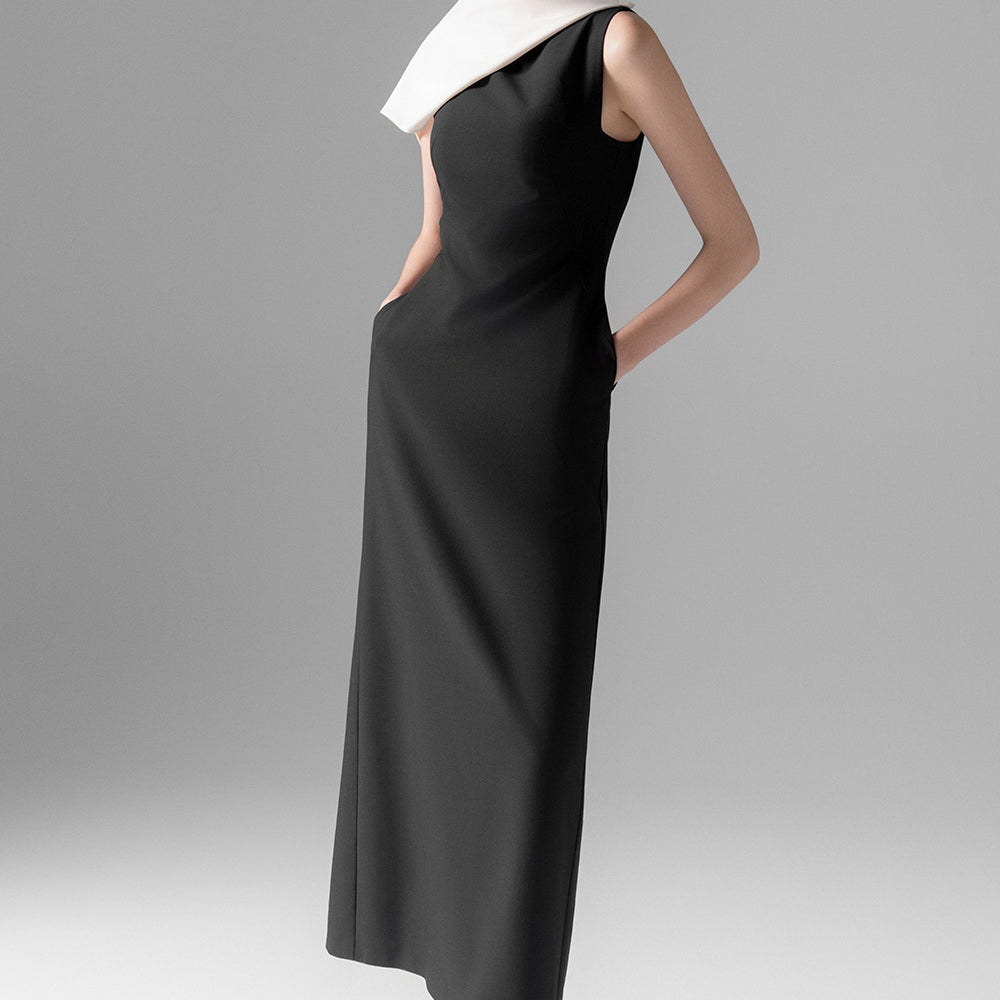 Emma A-line Asymmetric Sleeved Twill Midi Dress