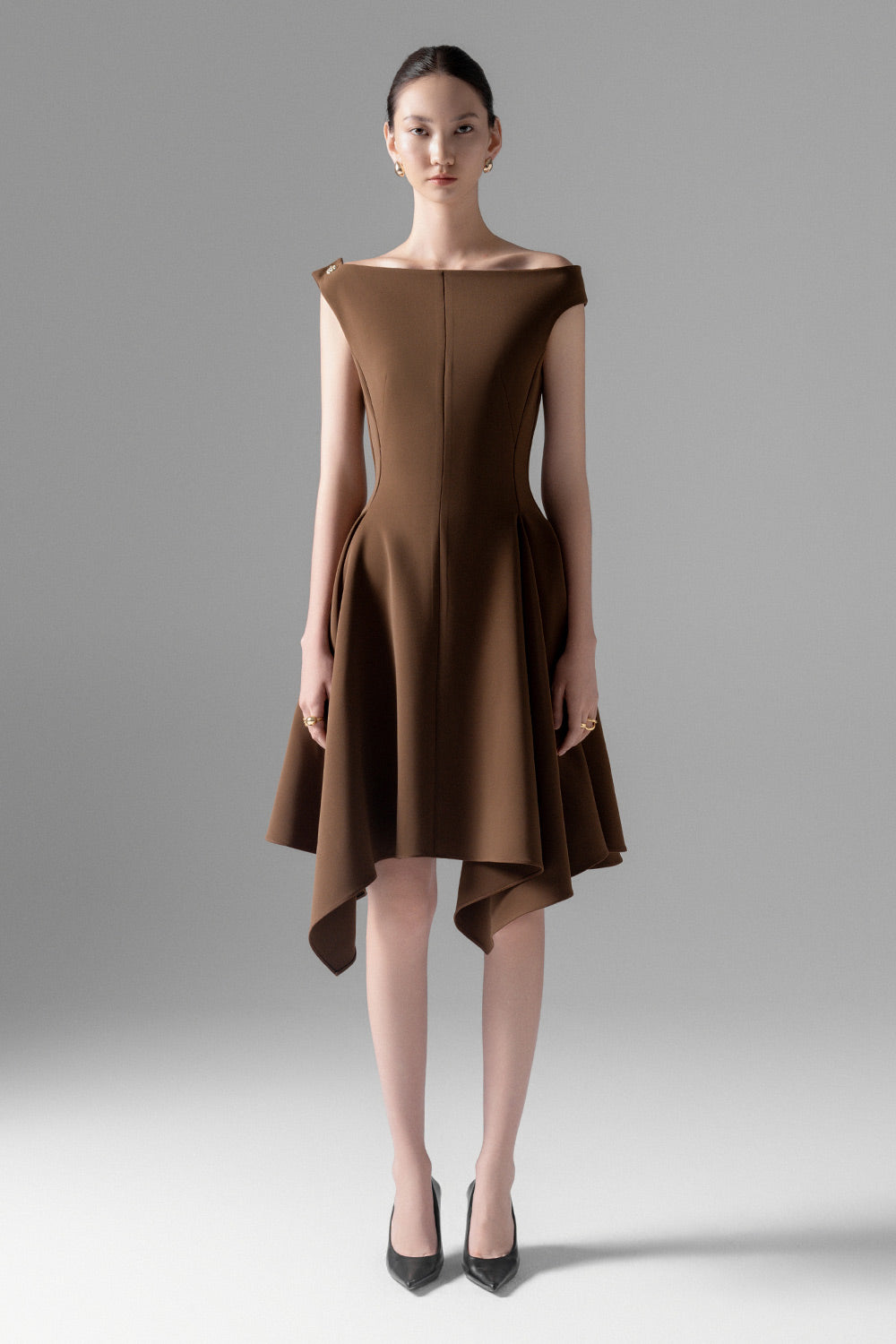 Savana Fit and Flare Off-Shoulder Twill Knee-length Dress