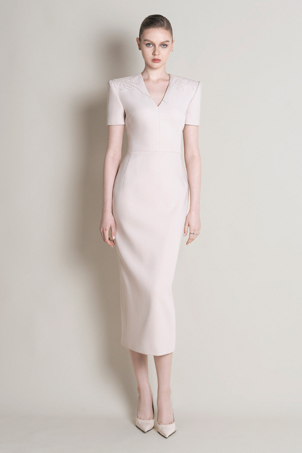 Rennes Pencil Square Shoulder Crepe Calf Length Dress