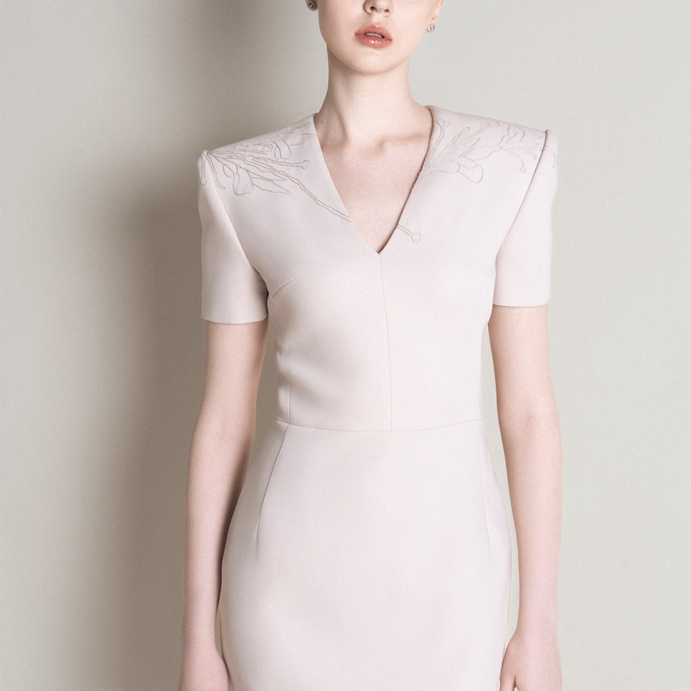 Rennes Pencil Square Shoulder Crepe Calf Length Dress