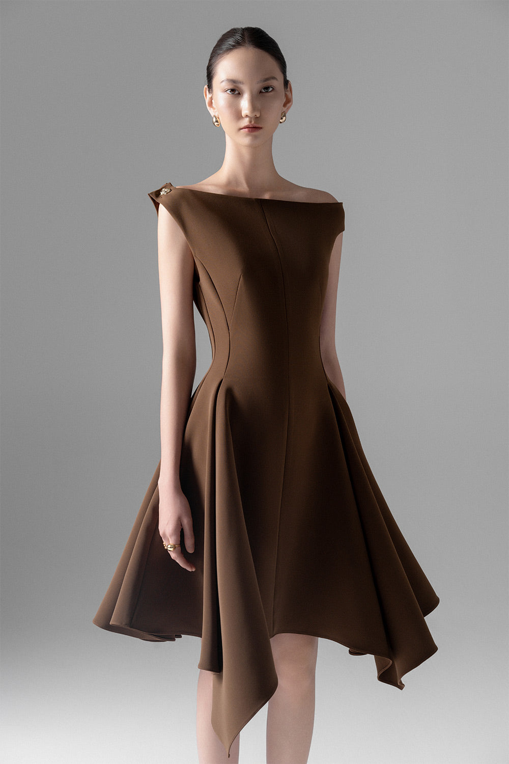 Savana Fit and Flare Off-Shoulder Twill Knee-length Dress Dark Brown / Customize
