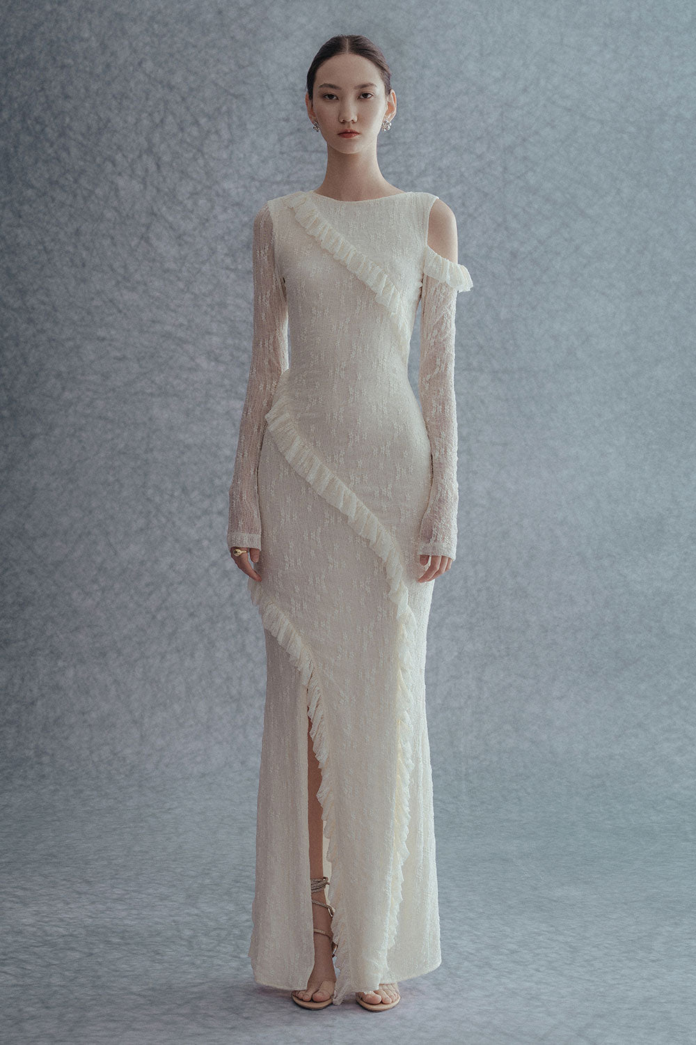 Solene Slit Asymmetric Sleeved Lace Maxi Dress