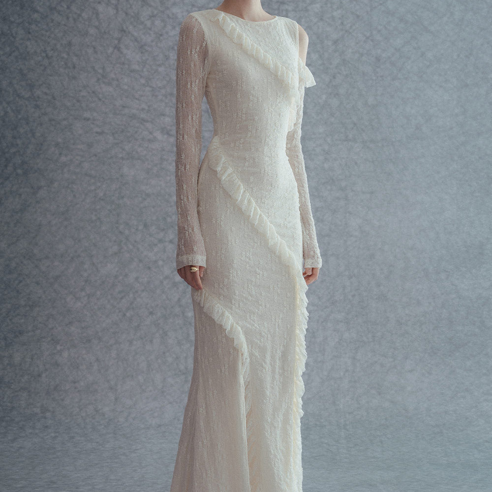 Solene Slit Asymmetric Sleeved Lace Maxi Dress