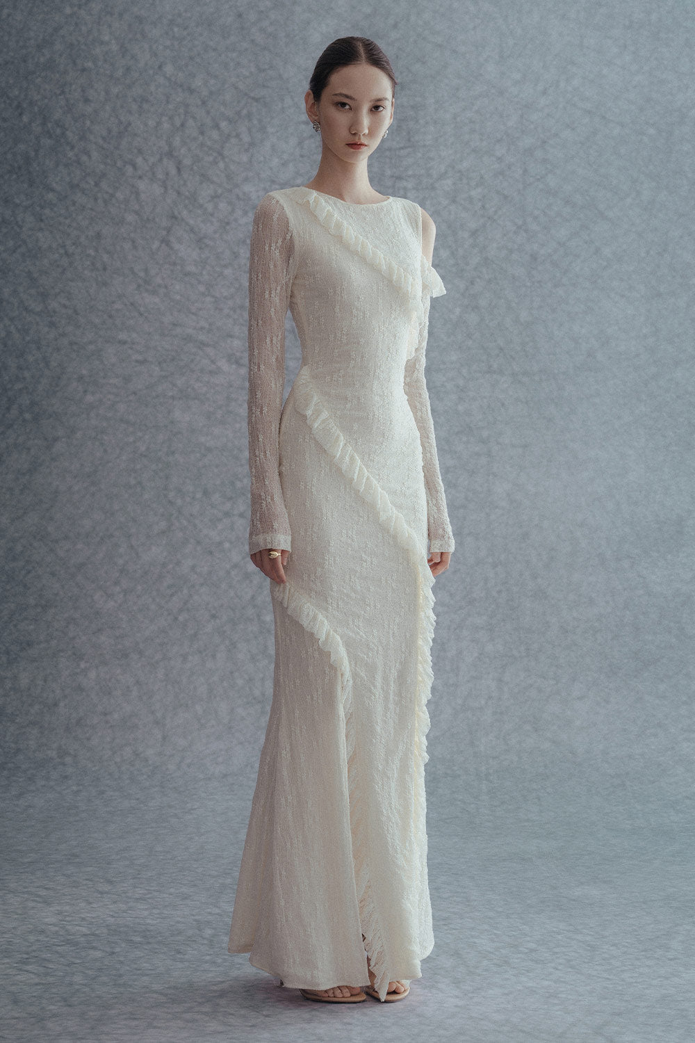 Solene Slit Asymmetric Sleeved Lace Maxi Dress