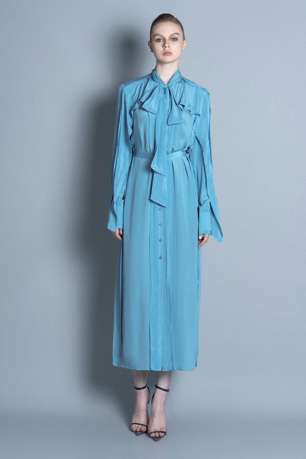 Dijon Blouson Ribbon Crepe De Chine Midi Dress