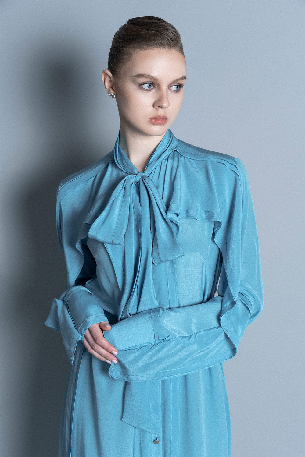 Women's Dijon Blouson Ribbon Crepe de Chine Midi Dress XS/S/M/L/XL/XXL/3XL/Customize Curacao MEAN BLVD Curacao / XXL