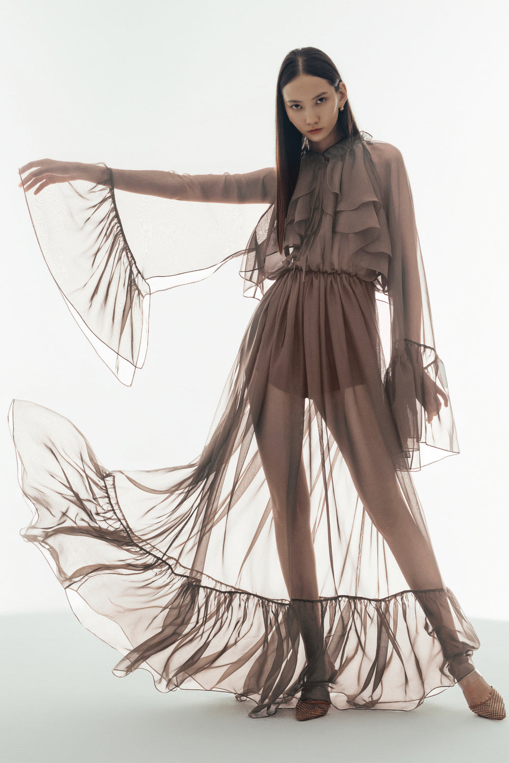 Women's Cecelia Blouson Sheer Chiffon Maxi Dress S/M/L/XL/Customize Light Brown/Wine Red MEAN BLVD Women's Cecelia Blouson Sheer Chiffon Maxi Dress S/M/L/XL/Customize Light Brown/Wine Red MEAN BLVD