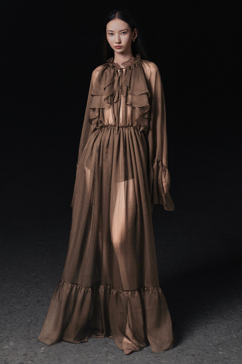 sheer chiffon maxi dress SPANDEX SHEER CHIFFON MAXI DRESS IN BEIGE
