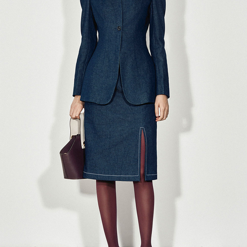 Elara Straight Side Slit Denim Knee-length Skirt