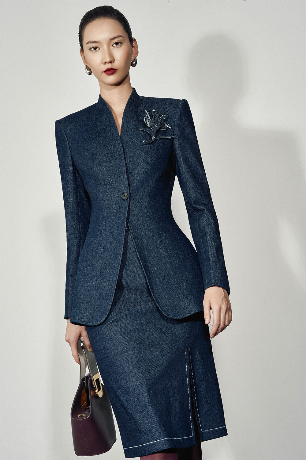 Elara Straight Side Slit Denim Knee-length Skirt