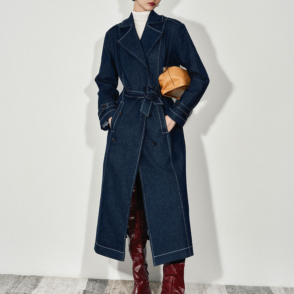 Ayla Straight Belt Strap Denim Calf Length Trench Coat