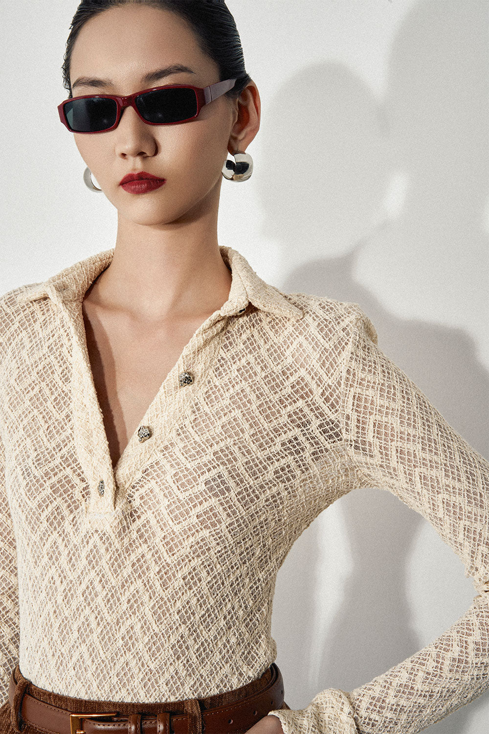 Yumi Bodycon Collared Neck Cotton Lace Top