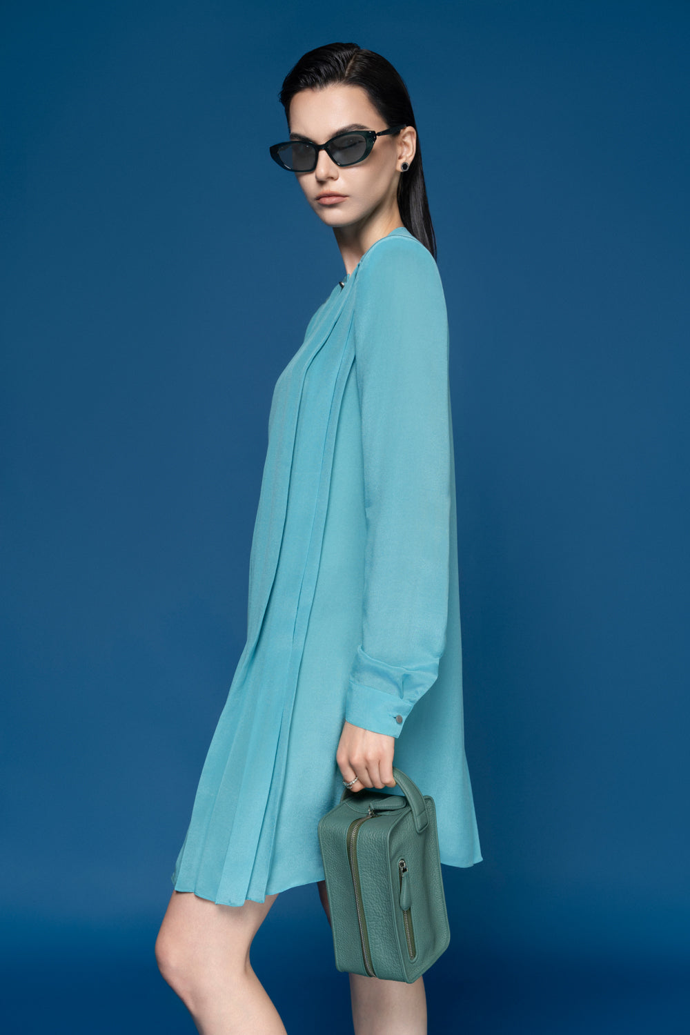 Sorbonne Straight Round Neck Silk Chiffon Mini Dress Aquamarine Blue / 3XL