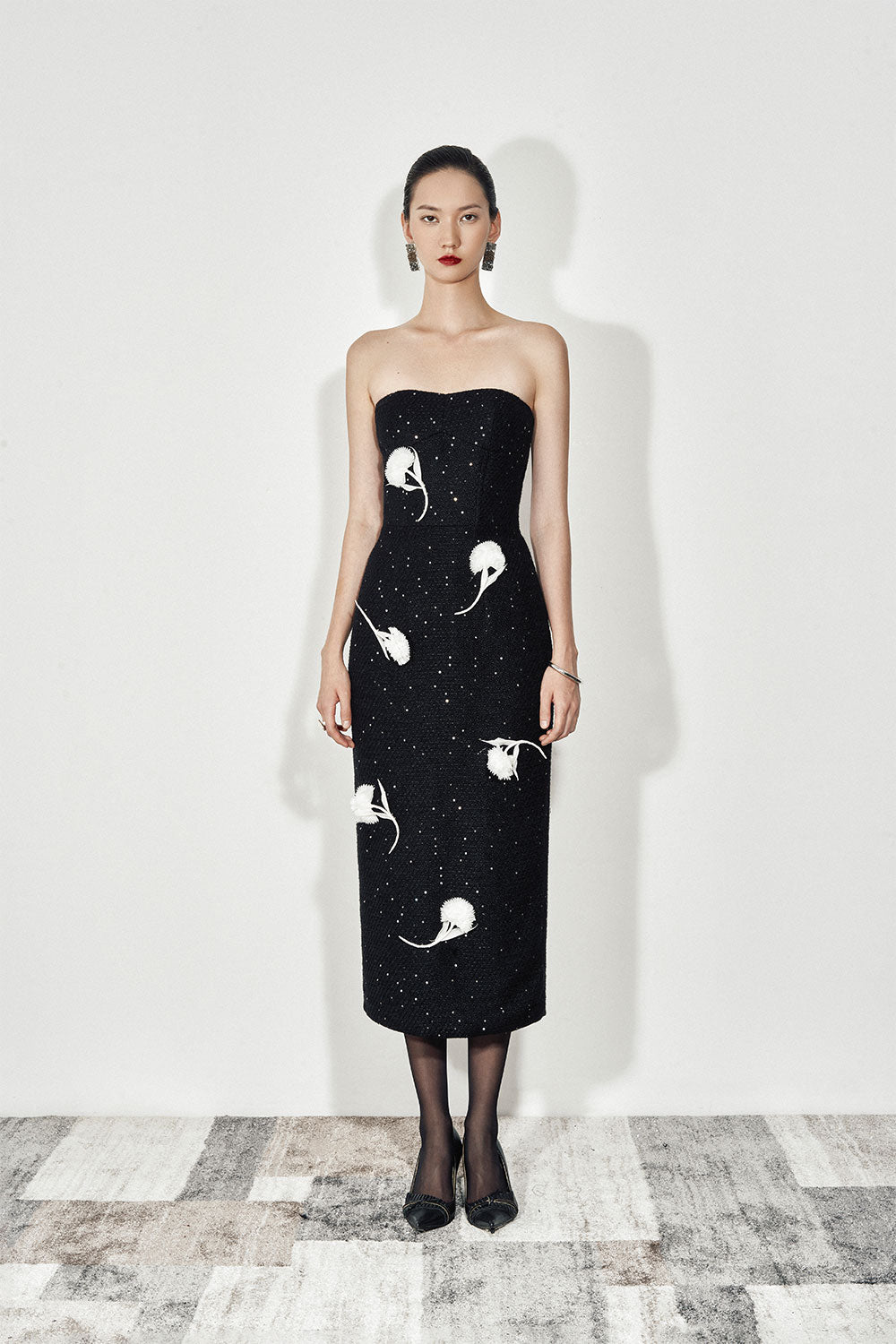 Leila Strapless Flower Applique Tweed Midi Dress