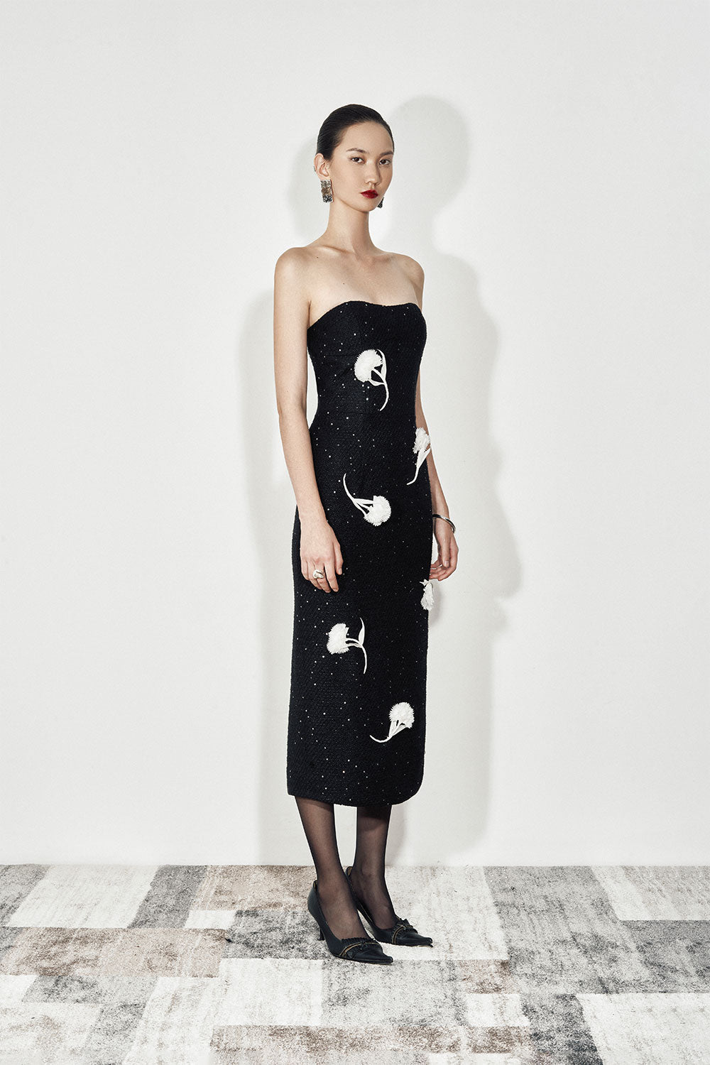 Leila Strapless Flower Applique Tweed Midi Dress