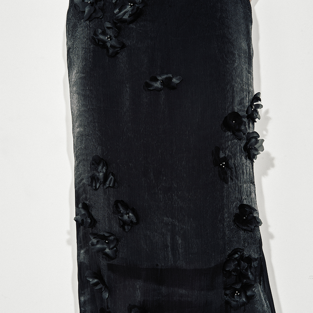 Thalia Straight Flower Applique Organza Midi Skirt