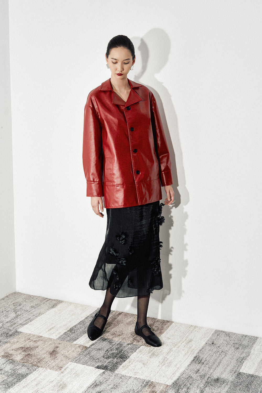 Thalia Straight Flower Applique Organza Midi Skirt